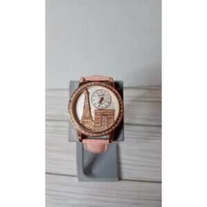 Cai Qi Women's Paris Rhinestone Watch Tested Pink Imitation Leather Band